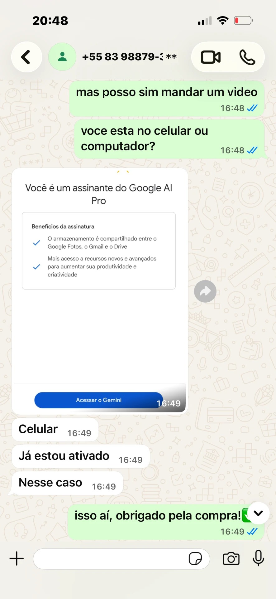 Print de conversa no WhatsApp confirmando a ativação do Google AI Pro 7